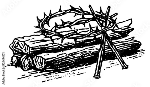 Hand drawn illustration of a crown of thorns placed on wooden logs