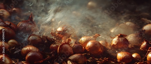 Mystical Onions Roasting Amidst Rising Smoke and Earthy Textures, Evoking Elemental Transformation and Culinary Alchemy