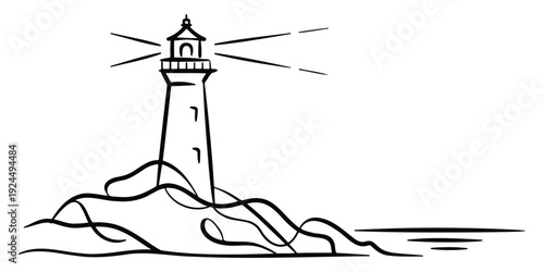 Lighthouse Line Art Illustration, Coastal Sea Landmark Sketch, Minimal Nautical Drawing, Isolated Background, Lighthouse Outline Graphic, Ocean Shore Symbol, Maritime Navigation Concept.