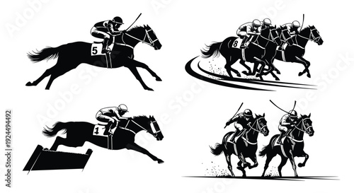 Horse racing silhouettes showing jockeys competing in different race scenarios