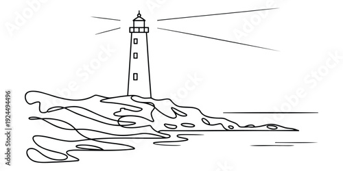 Lighthouse Sea Scene Drawing, Coastal Landscape Line Art, Nautical Illustration Design, Minimal Style, Coastal Beacon Illustration, Sea Wave Line Drawing, Navigation Symbol Artwork, Flat Vector.