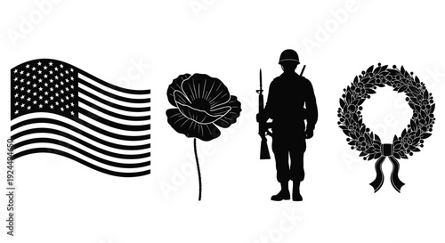 American flag, poppy, soldier silhouette, and laurel wreath on white background