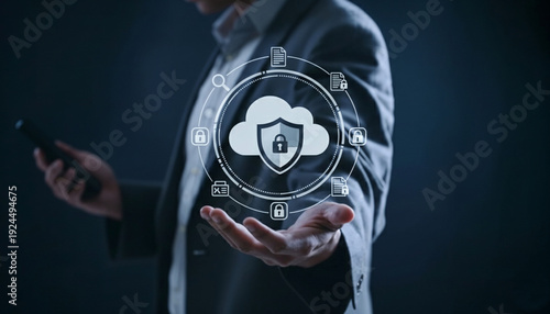 Tablou pe pânză Businessman Protecting Data with Cloud Computing Security and Cyber Privacy Netw