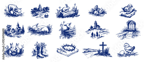 Large collection of Easter and spring religious icons in blue vintage ink style
