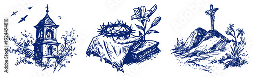 Religious easter sketches featuring a church tower crown of thorns with lily and cross on hill