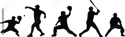 Baseball player silhouettes set, pitcher batter catcher and fielder black vector illustration isolated on white background