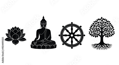 Buddhist symbols: lotus, Buddha, Dharma wheel, and Bodhi tree icons in black silhouette