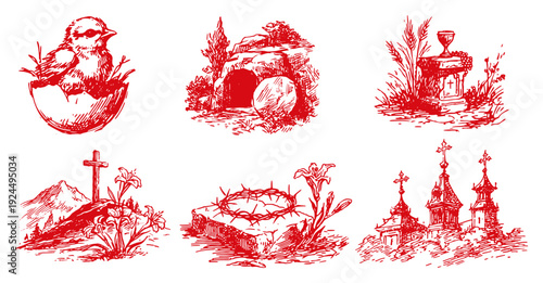 Collection of religious Easter icons and christian symbols in red ink style