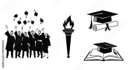 Graduation caps tossed in air, torch, diploma, and open book icons symbolizing achievement