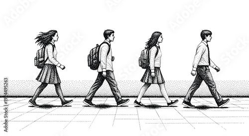 Students in uniform with backpacks walking in a line across a crosswalk