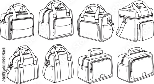 Illustrations of various backpacks and bags in different styles and designs Vector