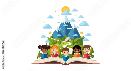 A group of diverse children in a fantasy world emerging from an open book with a magical mountain landscape and sunny sky in the background, symbolizing imagination and education