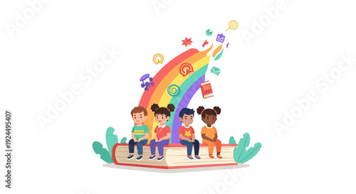 A group of diverse children sitting on an open book with a magical rainbow and colorful decorations coming out of it, symbolizing imagination and reading in a whimsical illustration