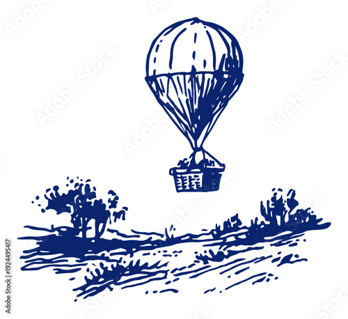 Vintage hand drawn sketch of a hot air balloon flying over a countryside landscape