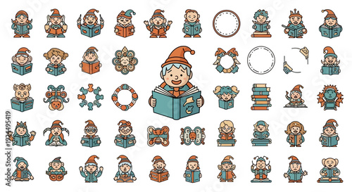 A collection of whimsical cartoon illustrations of children reading and imagining a fantasy world coming out of a book in various cute and colorful poses and designs