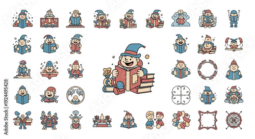A collection of colorful cartoon snowman illustrations and icons in various poses and designs on a white background