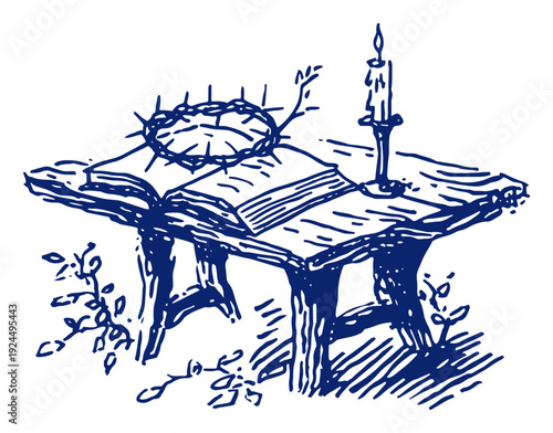 Religious hand drawn sketch featuring a bible crown of thorns and candle on table