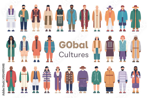 Illustrative representation of diverse global cultures through fashion and attire styles