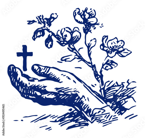 Spiritual illustration of a hand holding a cross with spring flowers for easter