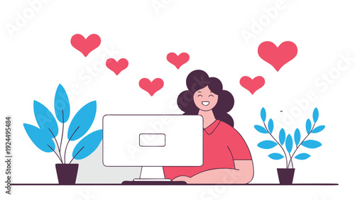 Happy woman with a big smile working on a retro computer surrounded by hearts and potted plants.
