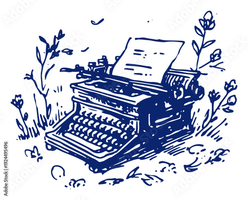Detailed sketch of a vintage typewriter surrounded by spring flowers and garden plants
