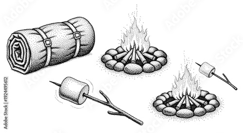 Camping essentials: rolled sleeping bag, campfires, and marshmallows on sticks