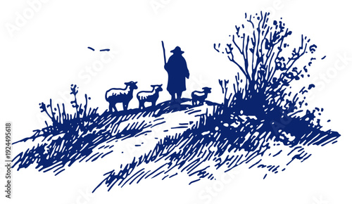 Traditional landscape of a shepherd leading sheep on a hill in blue ink sketch style
