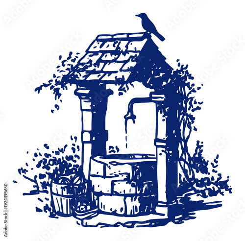 Old stone water well with climbing plants and a bird in vintage blue ink style
