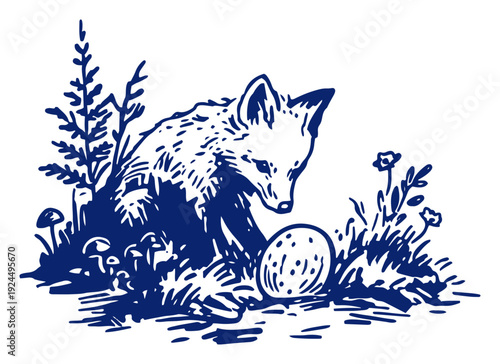 Little fox sitting in a forest with mushrooms and an egg in blue ink style
