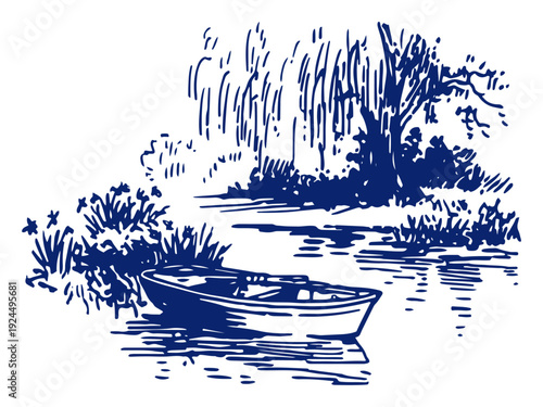 Hand drawn blue ink sketch of a wooden rowing boat on a peaceful lake with trees