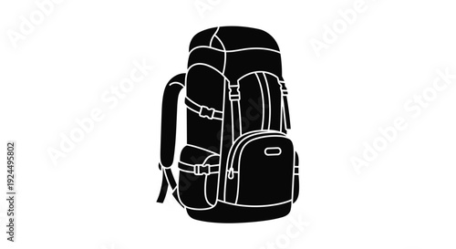 Black silhouette of a large hiking backpack with multiple compartments and straps