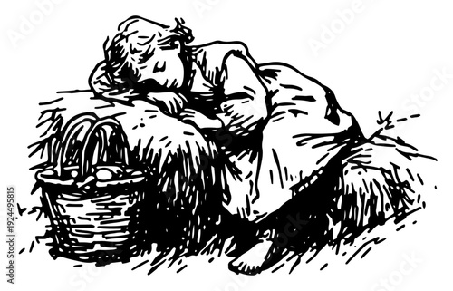 Vintage illustration of a person sleeping on a haystack next to a traditional easter basket
