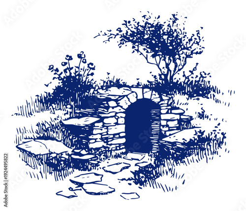 Detailed architectural sketch of a stone tomb entrance in a garden for resurrection theme