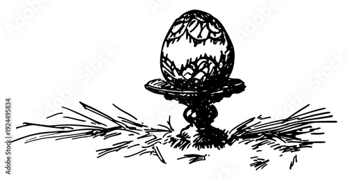 Hand drawn sketch of a decorative ornate easter egg placed on a vintage stand