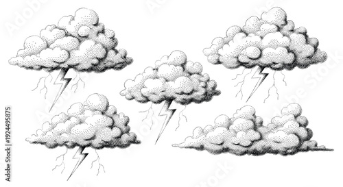 Dramatic stippled illustration of stormy clouds with lightning bolts striking down