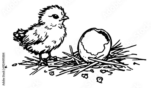 Cute black ink illustration of a small baby chick next to an empty eggshell in a nest