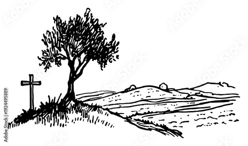 Classic black ink sketch of a tree and a christian cross on a hillside landscape
