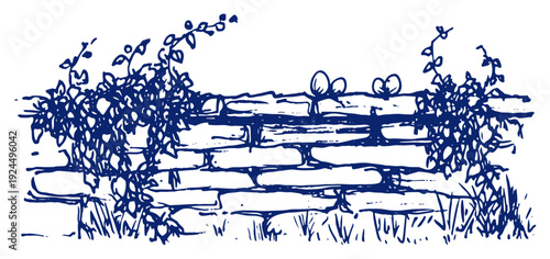 Detailed architectural sketch of an old stone wall with climbing plants and hidden easter eggs