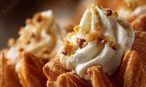 Artfully Arranged Golden Churros Crowned with Whipped Cream and Crushed Nuts, a Delightful Culinary Creation.