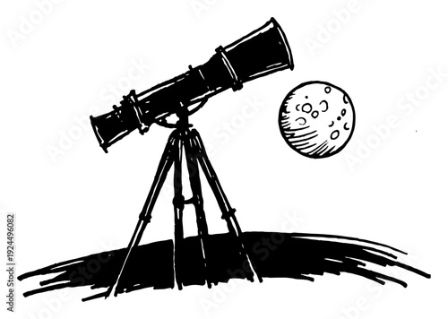 Vintage hand drawn sketch of an astronomical telescope on a tripod pointing at the moon