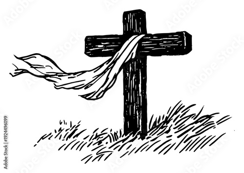 Religious hand drawn sketch of a wooden christian cross with a white shroud on a hill