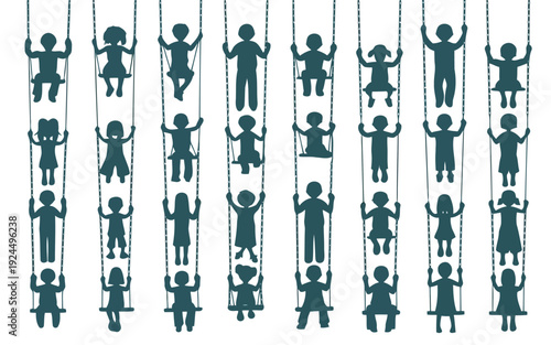 Diverse group of children swinging together on swings in a unified line.