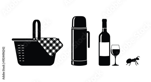 Picnic basket, thermos, wine bottle, glass, and ant on a white background