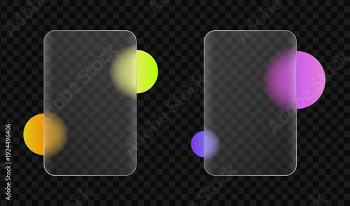 Glass-morphic design with frosted glass rectangles featuring colorful, blurred circles for modern UI element designs.