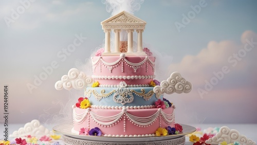 Three tier pink and blue birthday cake with flowers and columns against pastel sky background with clouds