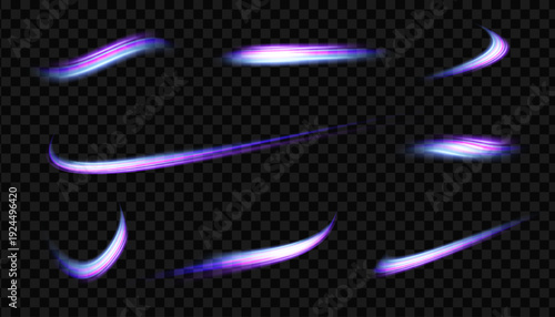 Neon-glowing light trails with shiny effects on a dark, transparent background.