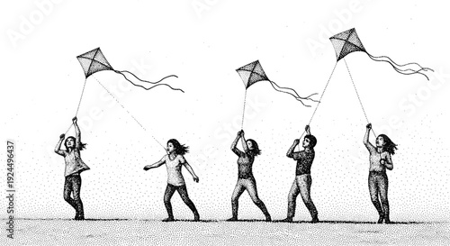 Diverse group of children and adults flying kites together on a breezy day