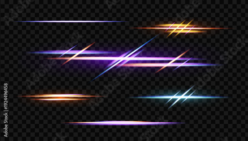 Futuristic neon glowing light technology beams with shiny effects, isolated on a transparent dark background.