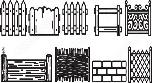 Assorted fence designs showcasing various materials and styles Vector