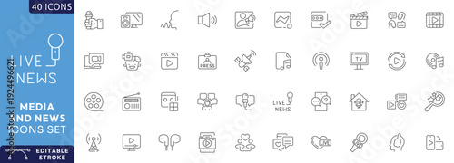 Media and news icon set. Containing News, Television, blogging, social media, video, promotion, Etc. Fully Editable. Vector illustration.